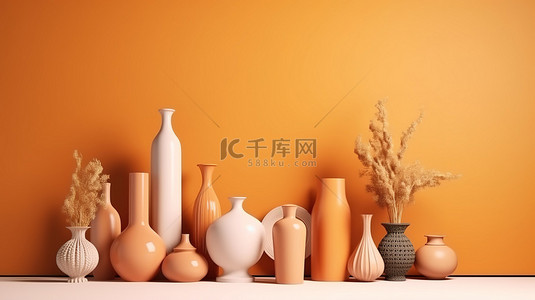 空的花瓶背景图片_家庭室内设计中柔和的花瓶和橙色墙壁背景 3D 渲染，具有充足的复制空间