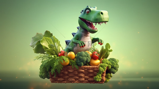 有趣搞笑背景图片_搞笑的 3D 恐龙吉祥物，周围环绕着悬浮的蔬菜