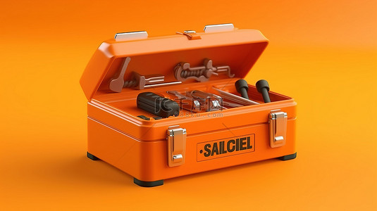 充满活力的橙色服务车库中单色工具箱的 3D 渲染
