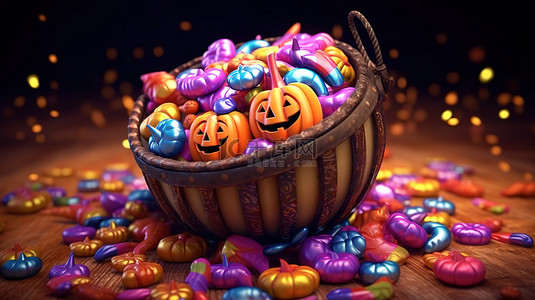 活动万圣节背景图片_节日万圣节篮子里装满了彩虹般的糖果和糖果经典的 3D 十月庆祝活动