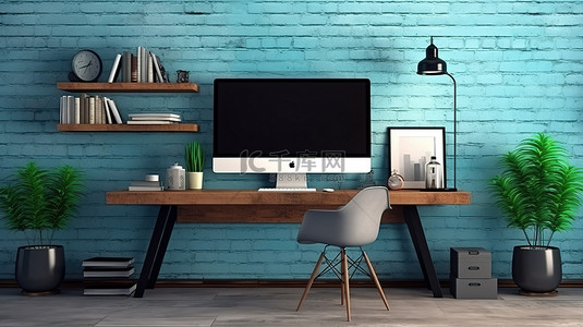 阁楼风格的时髦工作区，配有蓝色桌子和 3D 模型屏幕显示器