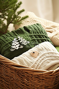 五折背景图片_篮子里有五件毛衣和一棵针织圣诞树