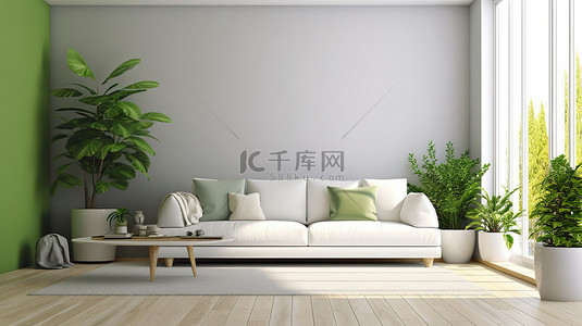 现代客厅配有白色沙发和绿色枕头，明亮活泼的空间