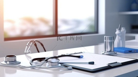 现代医生办公桌上听诊器和剪贴板的 3D 渲染，带空白平板电脑屏幕