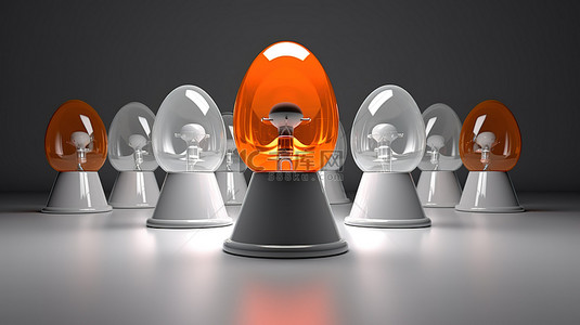 单色灰色背景 3D 渲染上的一组橙色和白色玻璃扬声器