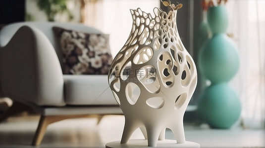 椅子上 3D 打印大花瓶的内部特写