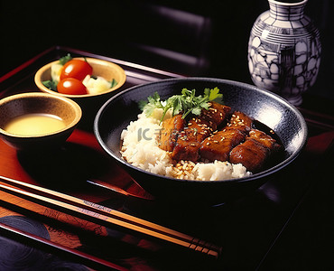 亚洲风情背景图片_一盘米饭和一碗猪肉沙爹，亚洲风情