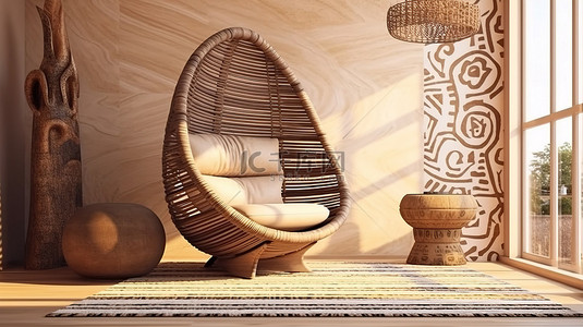 椅子海报背景图片_以 3D 呈现的当代非洲风格客厅角落