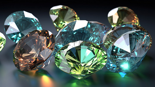 一组阳起石和钻石 3D 宝石的集合