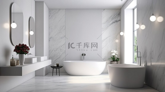 简约浴室镜子背景图片_设计简约 简约浴室配有白色马桶水槽和大理石装饰 3D 渲染