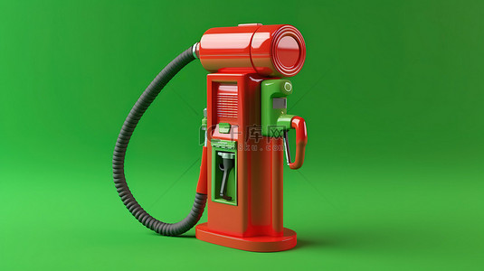 孤立绿色背景上的加油泵 3D 模型与红色加油站加油车的特写镜头