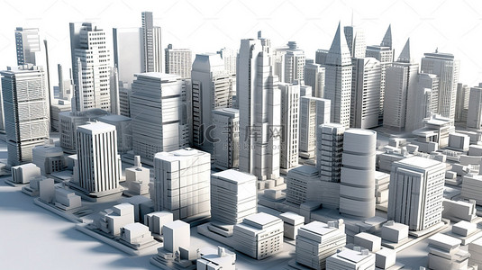 集团城市由白色建筑组成的数字大都市的 3D 渲染