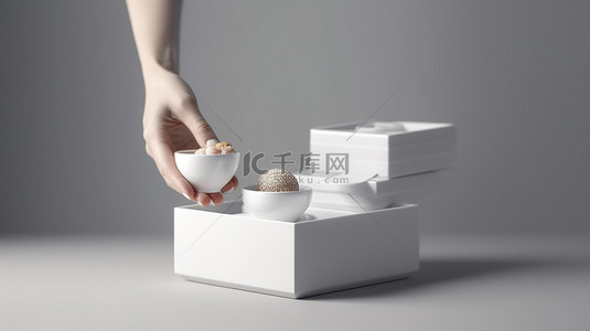 咖啡杯手背景图片_手握瓷杯和盘子 3D 渲染，白色物体封装在桃色盒子中