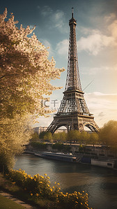 埃菲尔铁塔背景图背景图片_埃菲尔铁塔河流风景背景