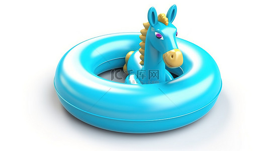热闹的蓝色充气独角兽泳池环，可在儿童泳池中享受夏日乐趣，3D 渲染在白色背景上