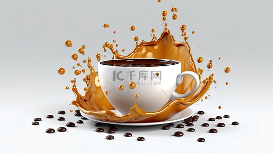 黑咖啡溅到白杯中的咖啡豆上 3D 插图与剪切路径