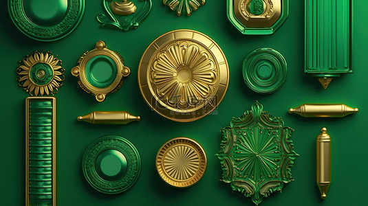 顶视图平铺最小产品展示，带有霓虹绿 3D 插图古董图案和金色装饰品