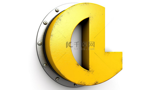 黄色金属色背景图片_光滑金属背景上带有复古黄色油漆的左圆括号的 3D 渲染符号
