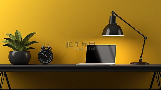 手表样机背景图片_现代工作区笔记本电脑植物台灯手表和黑色混凝土墙 3D 渲染