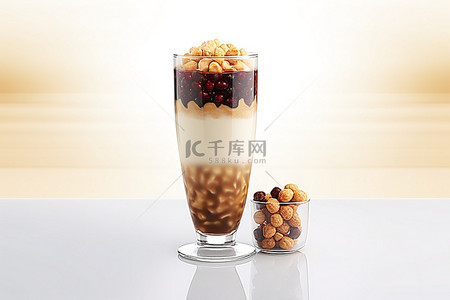 大豆饮料背景图片_玻璃杯里有一杯饮料，旁边有冰块和坚果