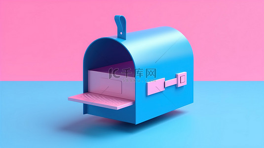粉色背景增强了 3D 渲染的蓝色邮箱模型的双色调效果