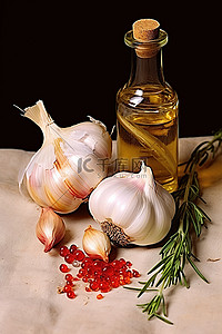 橄榄油瓶背景图片_一瓶油蒜葱蒜迷迭香