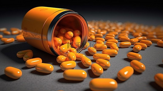 孤立橙色药瓶和胶囊的 3D 渲染
