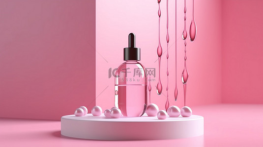 化妆品滴管瓶子背景图片_粉红色背景 3D 渲染玻璃滴管瓶，用于讲台上的血清护肤品，带有液滴模型