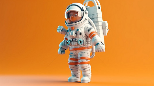 卡通宇航员穿着宇航服拿着太空火箭的 3D 插图