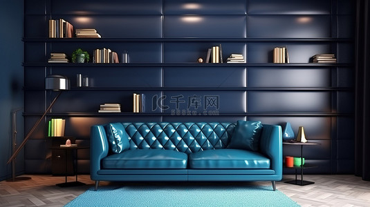 蓝色地毯背景图片_现代休息室设有蓝色沙发，皮革面板前配有使用 3D 建模创建的储物架