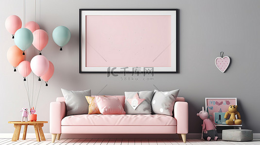 斯堪的纳维亚风格的内饰，配有粉红色沙发和儿童房 3D 渲染中的模拟海报框架
