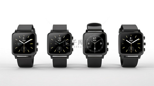 各种当代黑色智能手表模型，在 3D 渲染的白色背景下具有不同的表带位置