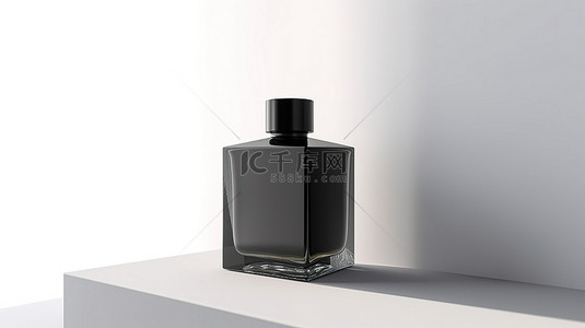男士美容背景图片_时尚的黑色香水瓶模型，在 3D 渲染的白色背景上带有可定制标签