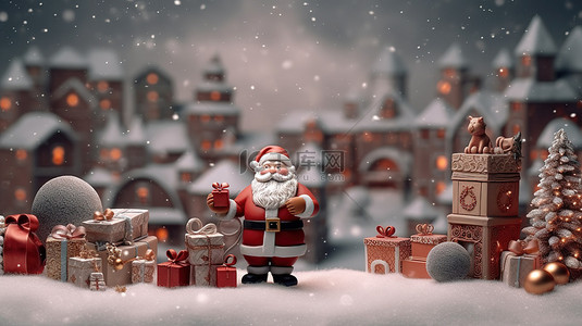 3D 渲染的圣诞场景，以圣诞老人和节日礼品盒为特色，庆祝欢乐的节日，祝您新年快乐