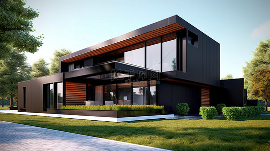 夏季时尚背景背景图片_时尚黑色 3D 渲染的当代夏季住宅