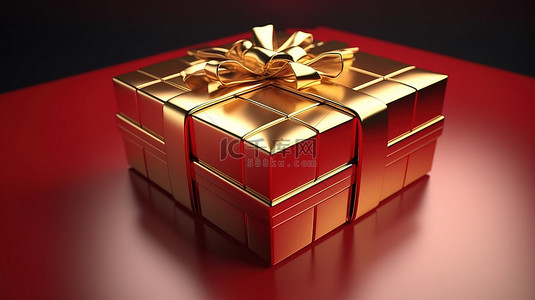 礼物盒礼盒背景图片_在 3D 渲染插图中，红丝带绑在金色礼品盒上