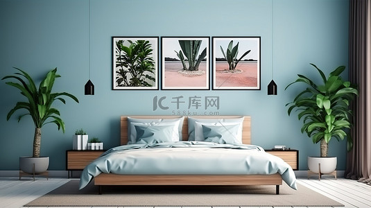 时尚的卧室配有充满活力的双人床蓝色墙壁和优雅的室内植物 3D 渲染