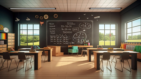现代教室的 3D 渲染，配有时尚的书桌舒适的座椅黑板手表和门