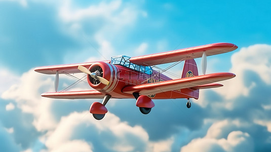 战斗机卡通背景图片_卡通的 3D 渲染，如古董红色飞机在多云的蓝天中翱翔