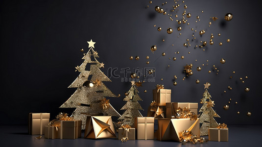 圣诞装饰发光的 3D 树，在光滑的灰色背景上装饰着星光花环礼盒和铃儿响叮当