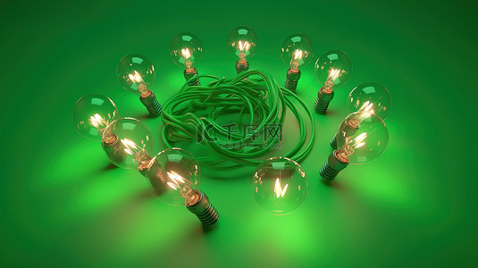 绿色背景闪耀着 3D 渲染的灯泡圈，其中一个在中心发光