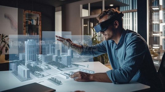 3D 建筑模型设计男性工程师使用 VR 设备并在办公桌上做手势