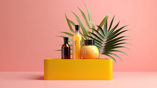 充满活力的化妆品架，带有立方体展示和黄色粉红色背景上的热带棕榈叶阴影 3D 渲染插图