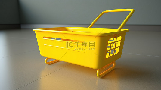 带有黄色铁手柄的空购物篮的 3D 渲染