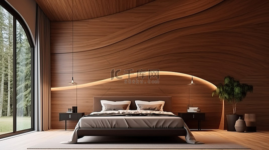 时尚简约的棕色简约卧室，配有木质墙板弧形灯和 3D 渲染