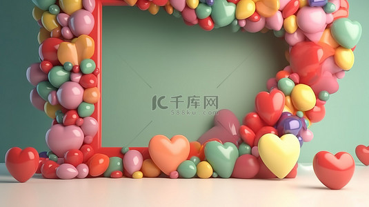 3d 渲染中带有糖果气球背景的彩虹心框