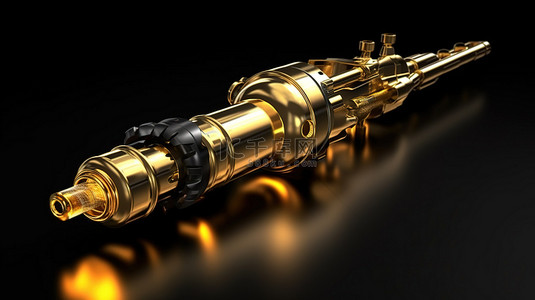 豪华金色燃油喷射器在光滑的黑色表面上分配油或纯燃油 3D 插图