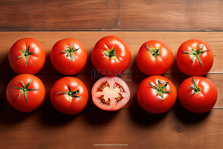 两个半番茄背景图片_五个切成两半的大西红柿排成一排堆放