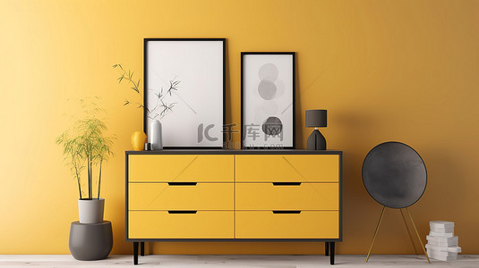 海报花瓶背景背景图片_海报框架模型的 3D 渲染，黄色墙壁背景上有装饰，站立在白色灰色和黄色抽屉柜上