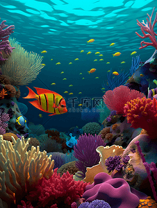 蓝色大海卡通背景图片_珊瑚植物热带鱼卡通广告背景